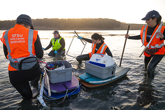 EOS Center graduate students in wetsuits, floating gear on boogie boards