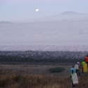 moonrise over the marsh with researchers in foreground