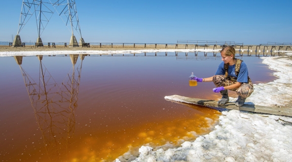 Susanna Theroux sampling a salt pond